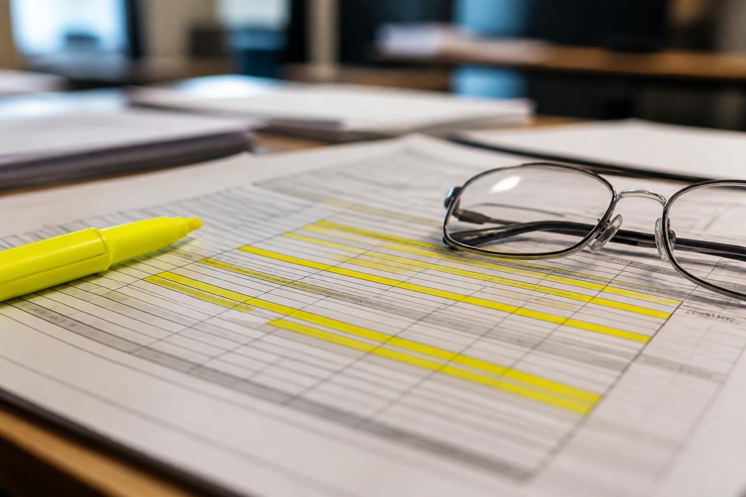 A construction pay application marked up with a highlighter