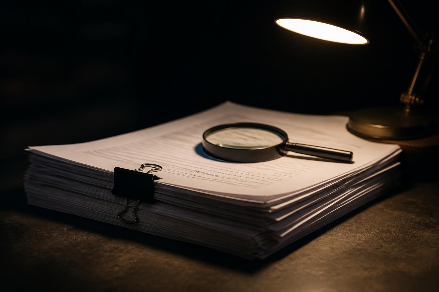 A stack of construction contract and bid documents on a dark table