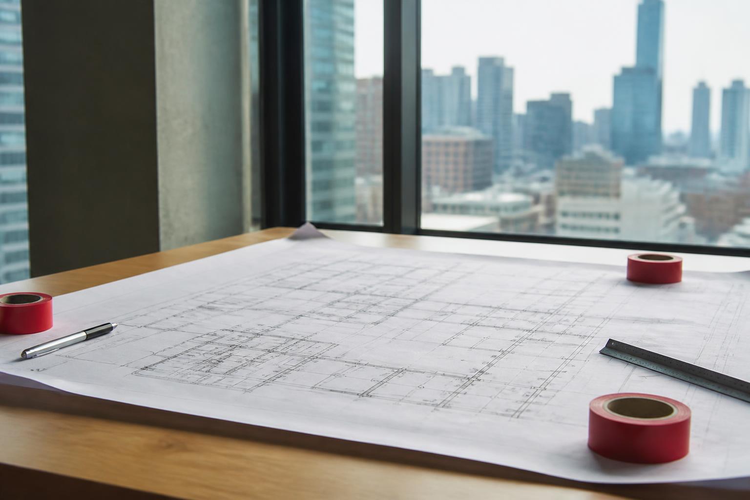 Permit drawing sets laid out across a review table