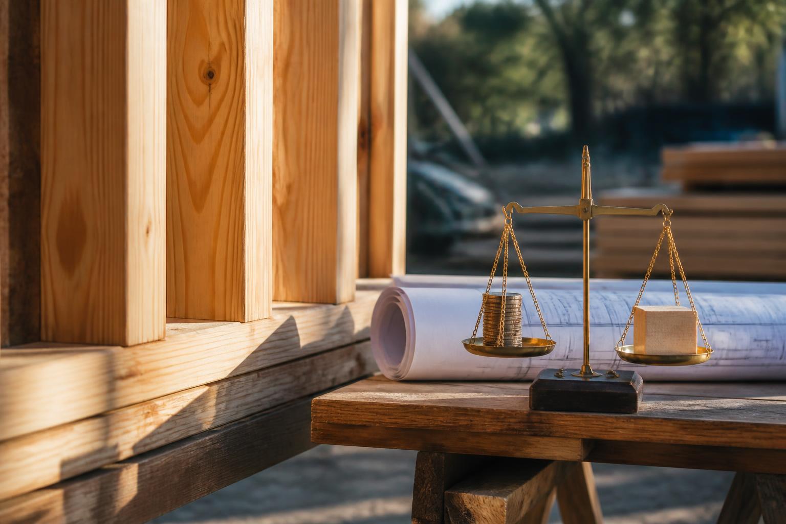 Precise new wood framing lit by raking sunlight